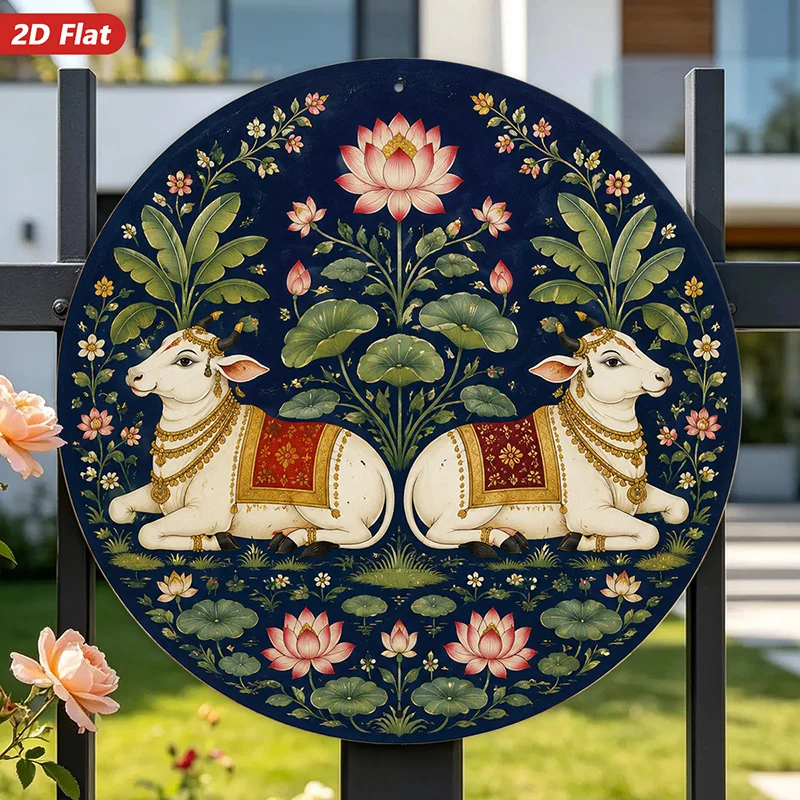 2D Flat, Lotus Cow Pair Round Metal Sign Wall Art, Mirrored White Cows, Pink Lotus Flowers, Home Decor, Green Lily Pads,