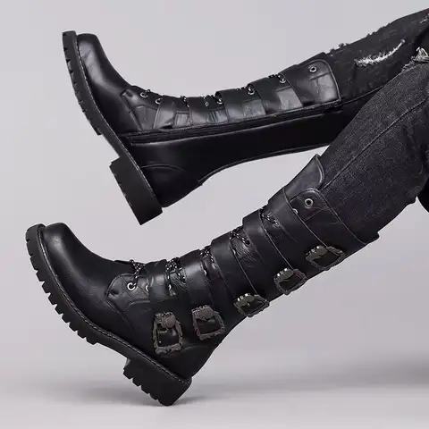 नए पुरुषों के गॉथिक स्कल बूट्स काले महिलाओं के जूते डिज़ाइनर पंक मेटल प्लेटफ़ॉर्म वॉकिंग स्नीकर्स स्केलेटन मेटल बकल एंकल बूट्स 10 best sales पुरुषों के प्लेटफ़ॉर्म बूट - №10