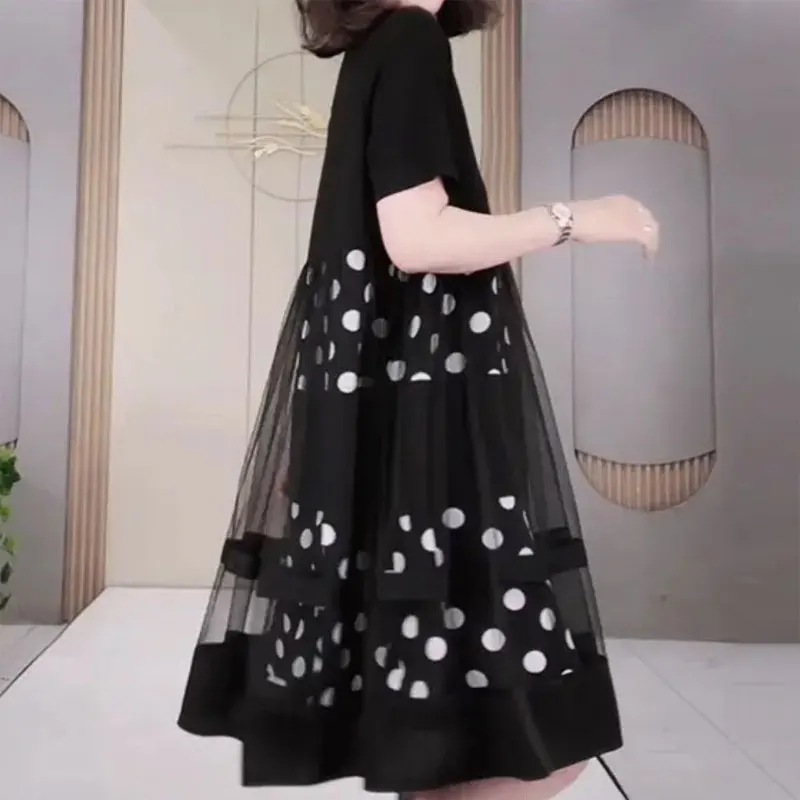 Casual Patchwork Gauze Midi Dress Loose Summer Printed Polka Dot Women\'s Clothing All-match Round Neck Stylish A-Line Dresses