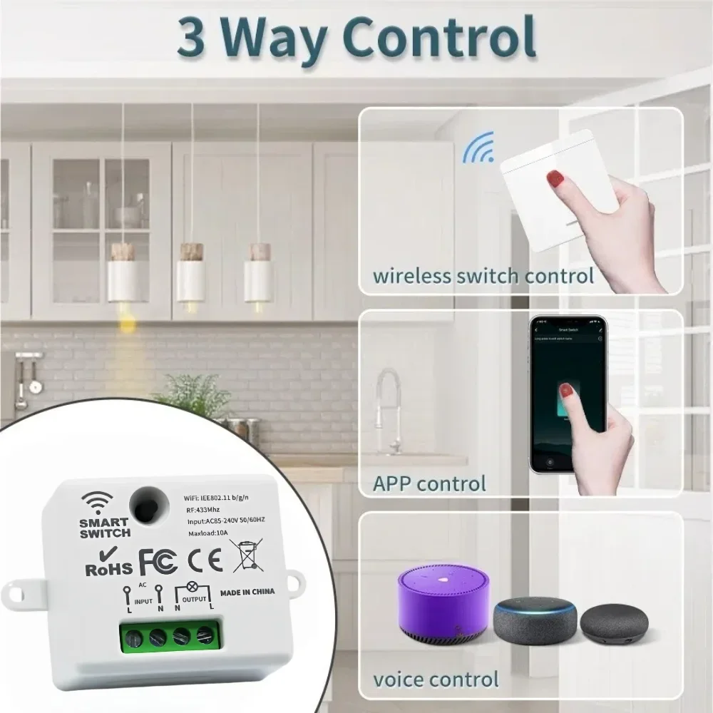 KEBIDU Tuya Smart WiFi Switch 433Mhz Remote Control RF 86 Wall Panel Switch Mini Relay Receiver 220V for Home Led Light Lamp Fan