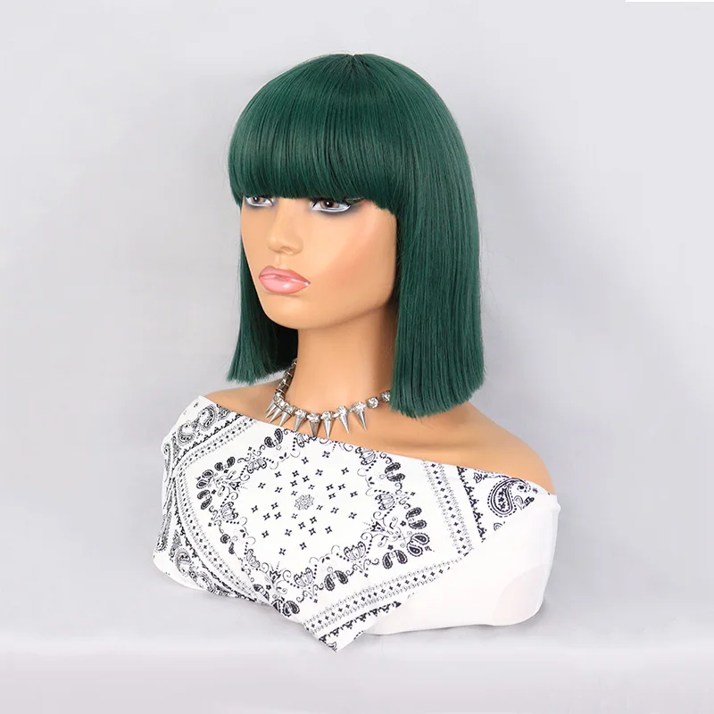 Green Short Hair Wig With Bangs Straight Synthetic Wig for Women Cosplay Natural Looking Daily Fake Hair Heat Resistant Fiber