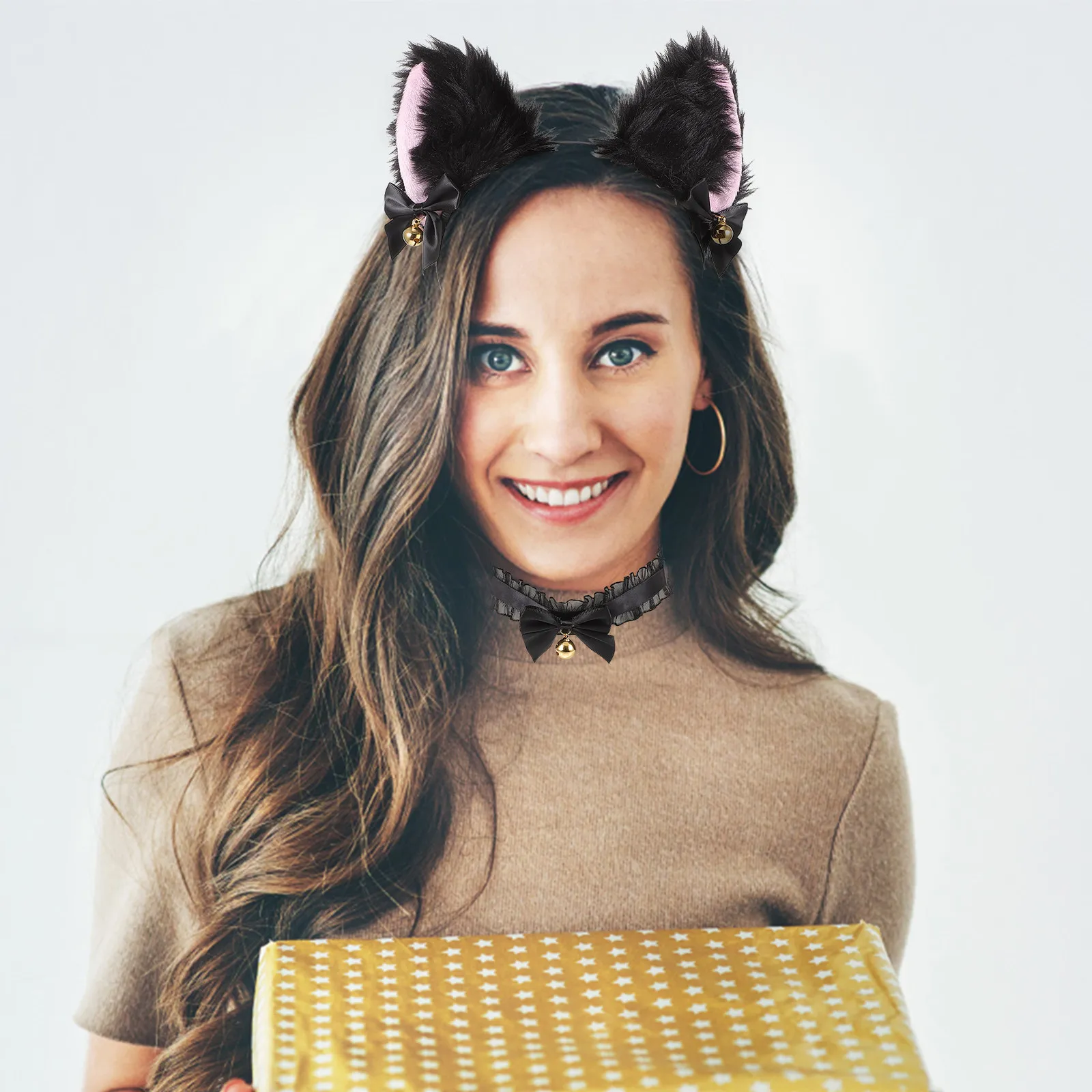 Ensemble de 3 accessoires pour déguisement Lolita : Bandeau oreilles de chat, collier en dentelle avec nœud et clochette, kit de déguisement pour fête et carnaval