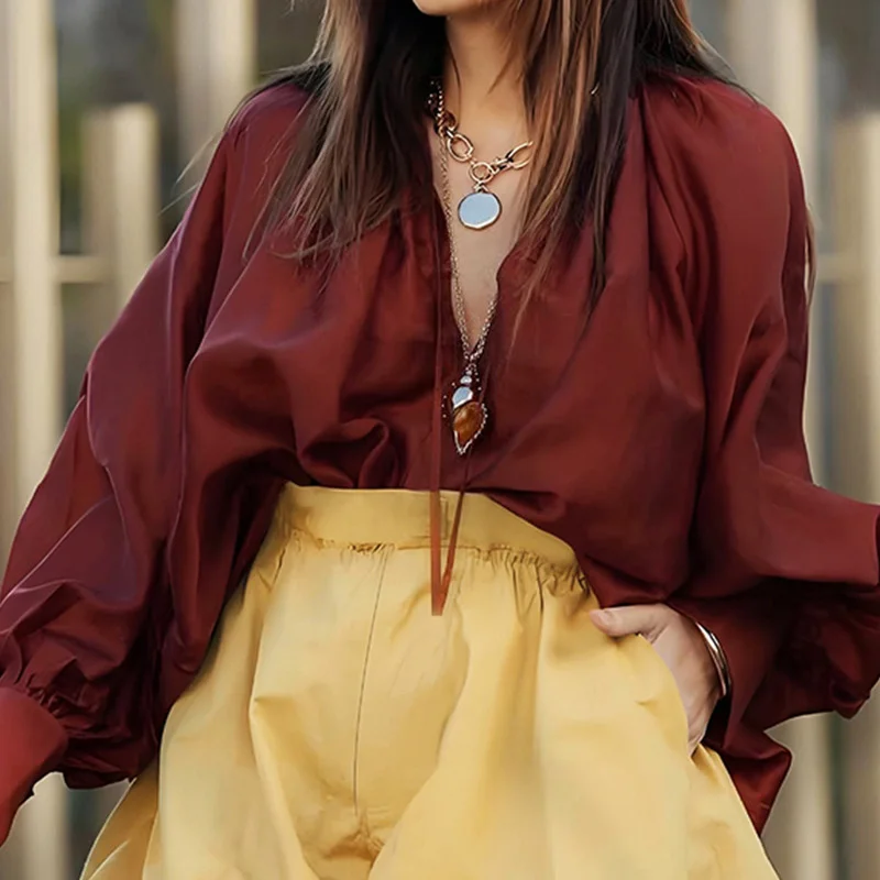 

Vintage V-neck Lantern Long Sleeve Shirts Casual Simple Women Loose Blouse Elegant Autumn New Solid Color Commute Women's Tops
