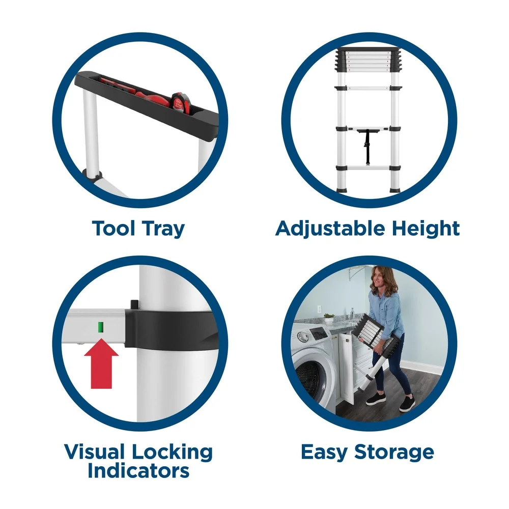 16ft Telescoping Ladder Aluminum Compact Lightweight Adjustable with Ergonomic Grips SmartClose System Locking Indicators Stable