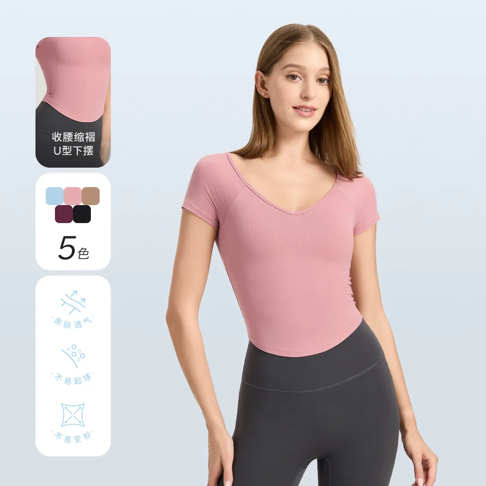 V-neck Short Sleeved Semi Fixed Cup Running Slim Fit Sports Bra Breathable Fitness Suit Top
