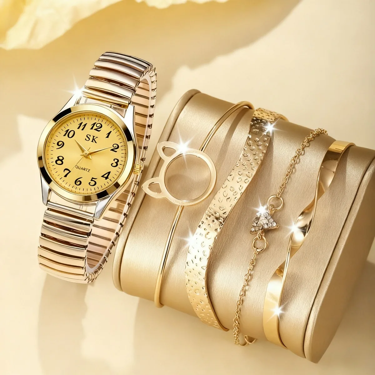 5PCS Fashion Small Roma Dial Women Quartz Watch Bracelets Set Elegant Elastic Band Ladies Wristwatch Reloj MujerWithout Box