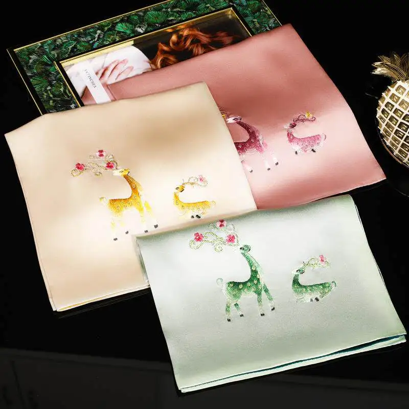 Fawn Silk Embroidered Handkerchief Lady Antique Lucky Handkerchief