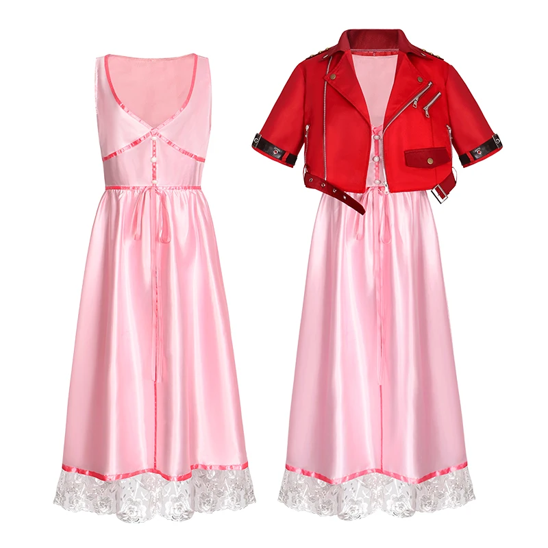 

2025 Fantasy Aerith Cosplay Costume Red Coat Pink Dress Woman Carnival Christmas Halloween Suit Disguise Performance Stage Wear