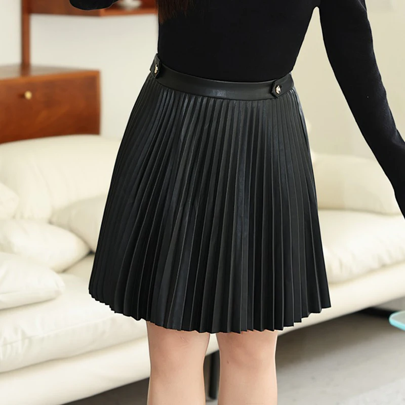 Harmonium Pleated PU Leather Skirt Women Plus Size Good Quality Autumn Winter Commuter Simple High Waist Mini Skirt 9029