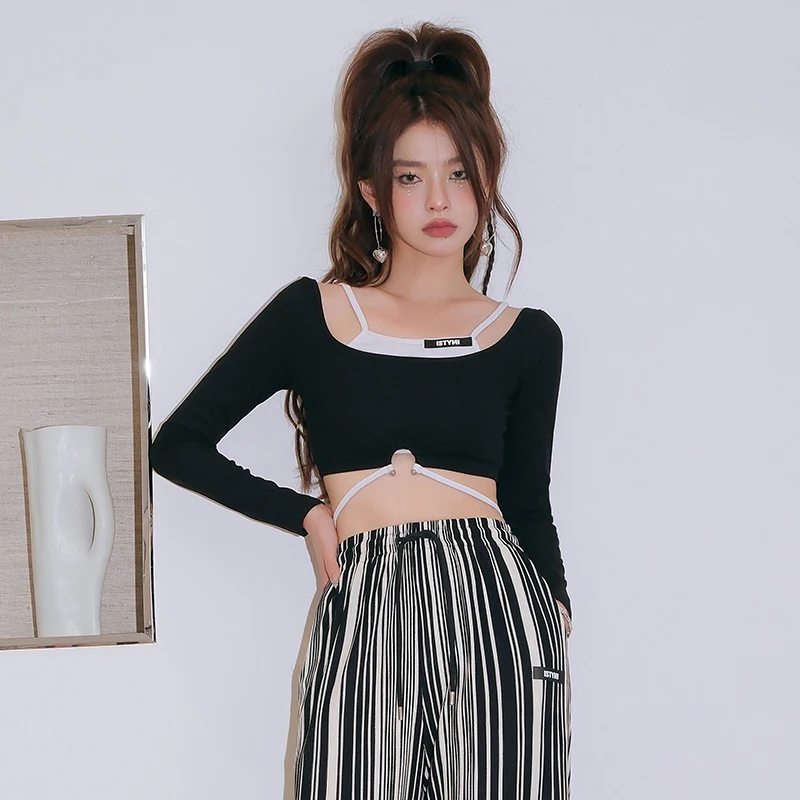 

ISNI Store Color Blo Long Sve T-irt Women's ort Sle Pure Desire Autumn Top with Belt Design Cotton Polyester