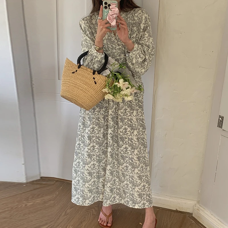 Spring Summer 2024 V Neck Floral Dress for Women Vintage Elegant Lace Up Slim Waist Vetidos Mujer Korean Chic Sweet Loose Robes