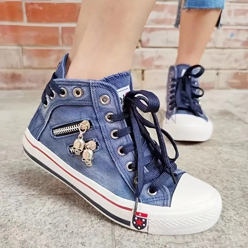 Women New Denim Flat-heel Round Toe Lace-up Skull Metal Decoration High-top Comfortable Fashion Classic Platform Casual Sneakers