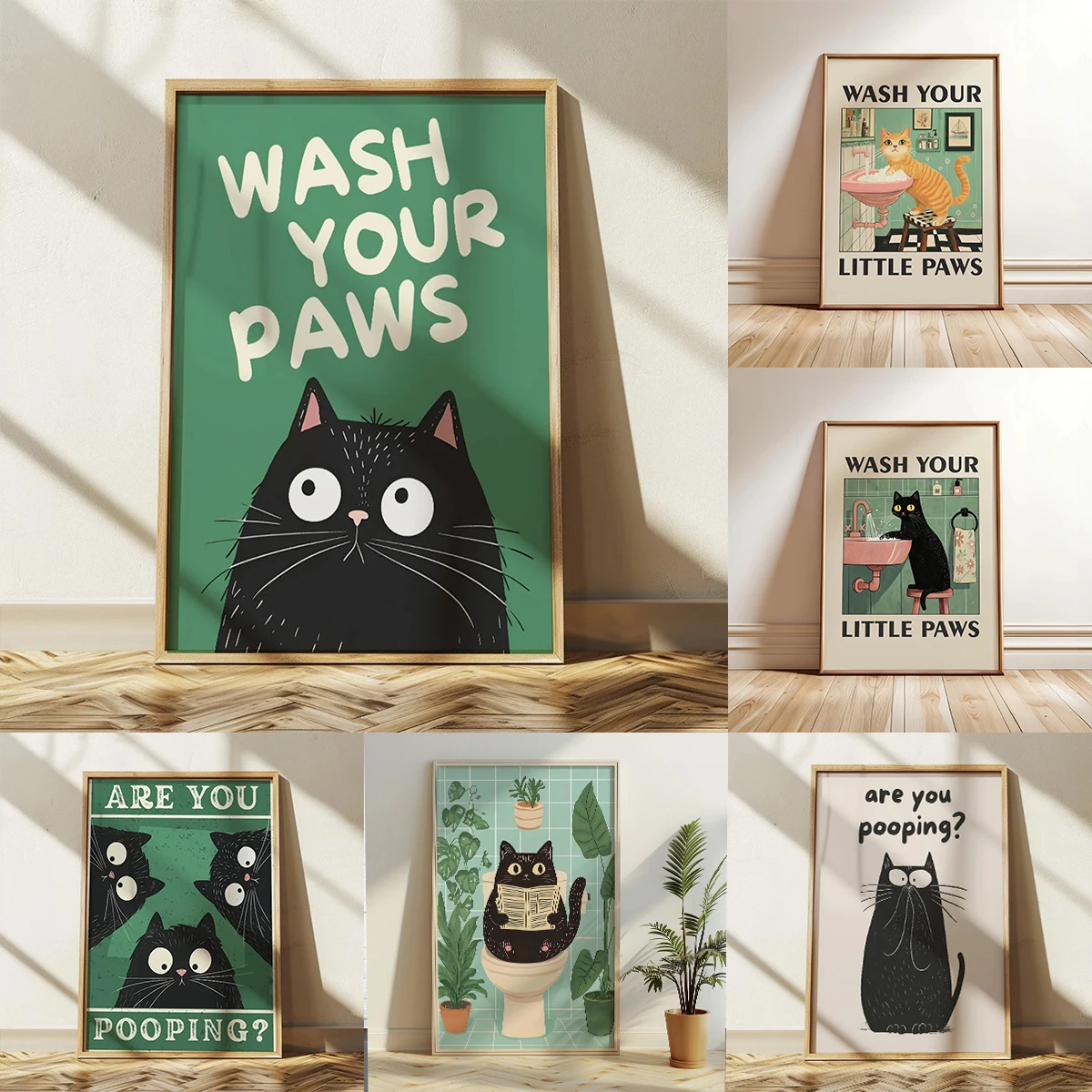 Wash Your Paws Black Cat Canvas Print Bathroom Cat You Pooping Wall Art Poster for Modern Living Room Toilet Kitchen Home Decor