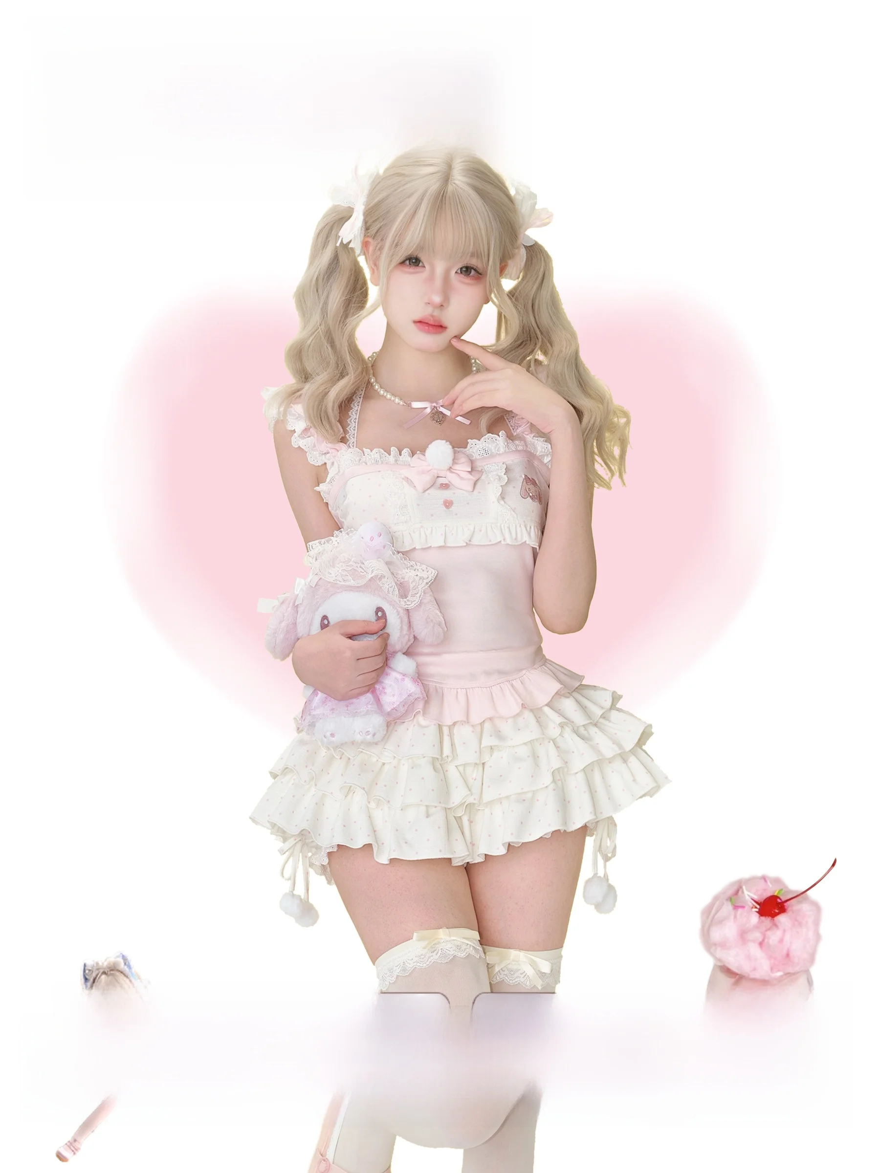 

Летний наряд для девочек, орех, розовый кролик, топ с вышивкой на бретельках, белая юбка в горошек, комплект с милой юбкой Sle ort Sve round Ne