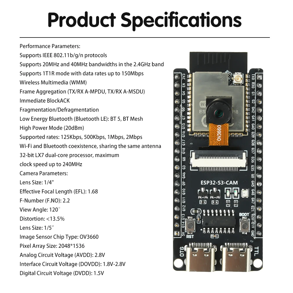 ESP32-S3-CAM Development Board WiFi BT Core Board Onboard OV3660 Camera Module ESP32-S3-N16R8 Module CH340 Demo board Dual TypeC
