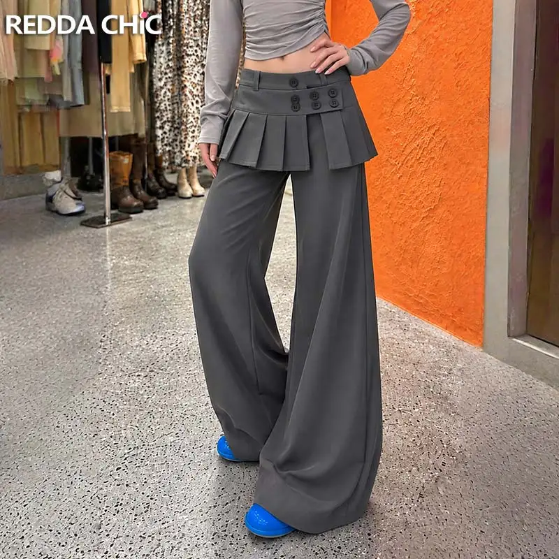 ReddaChic Women Gray Dress Pants with Pleat Skirt Removable Retro Low Waist Baggy Bootcut Suit Trousers Minimalist Everyday Wear