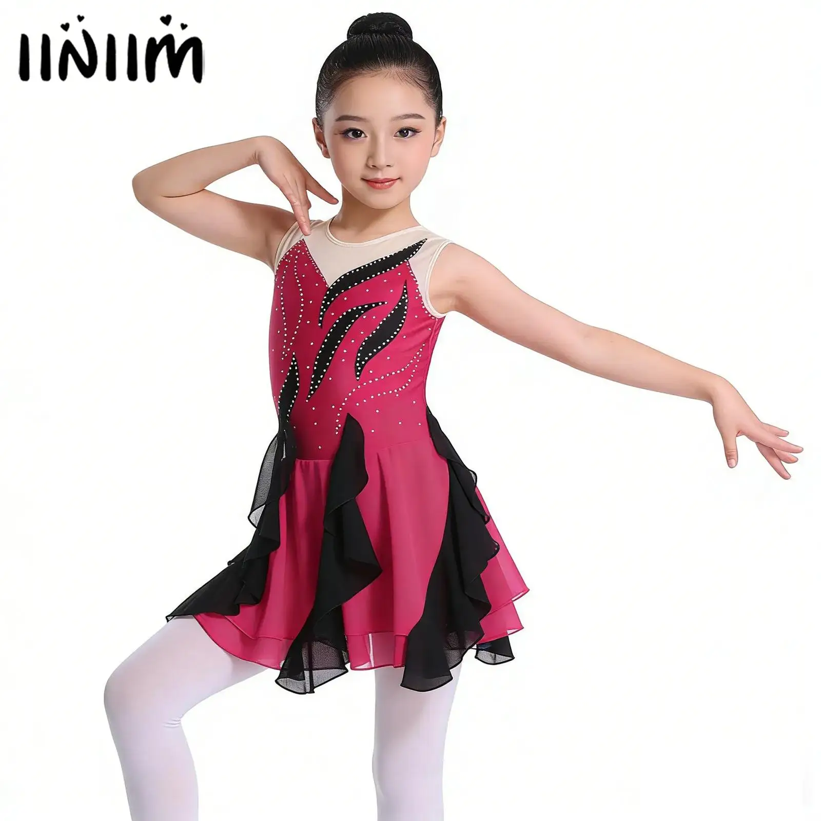 

Girls Shiny Ruffle Artistic Skating Costume Gymnastics Leotard Ballet Jersey Lyrical Dance Dress Mesh Mordern Dress Dance wear