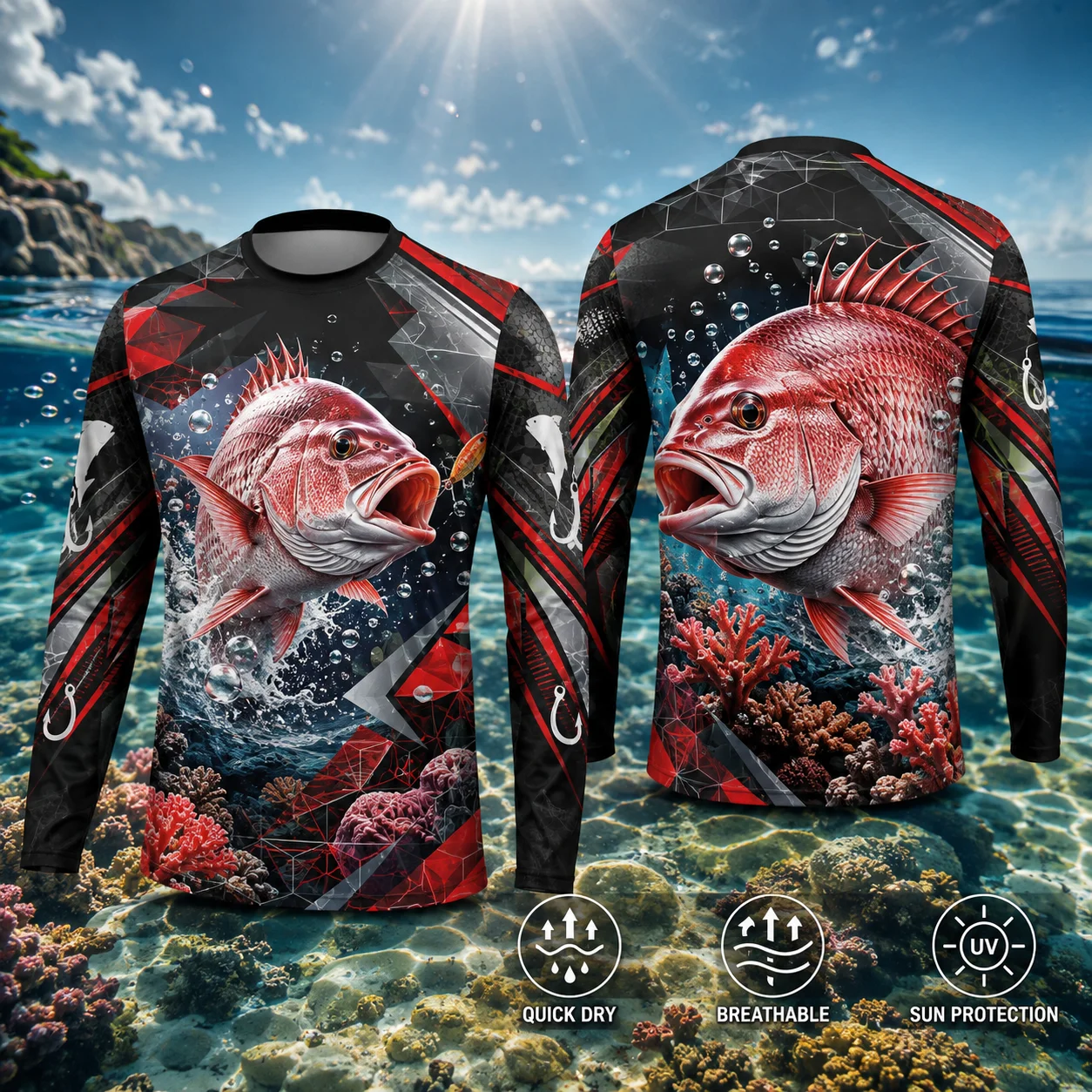 Red Snapper Fishing Shirt Men Ikan Merah 3D Fish Print Long Sleeve Quick Dry UPF 50 UV Protection Fishing Jersey Outdoor Angling