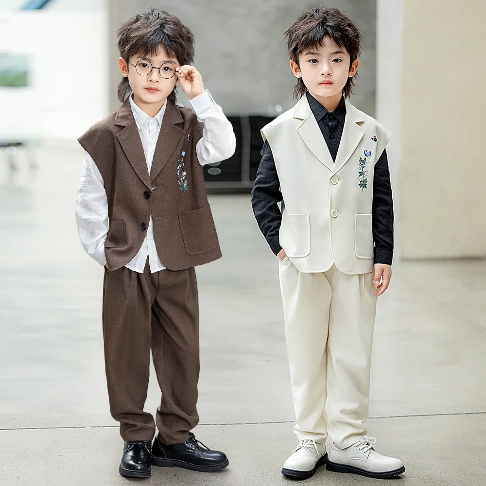 Kids Chinese Vest Pant Tuxedos Boys Waistcoat Wedding Clothes Sets Toddler Formal Dress Suits Children Hanfu Gentlemen Outfits