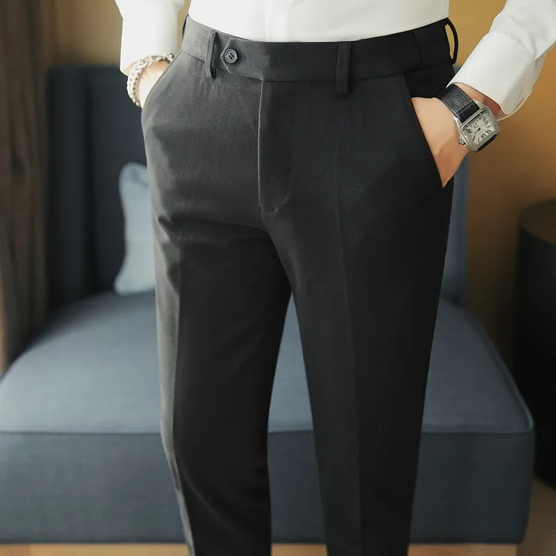 خريف شتاء جديد سميكة الدافئة سراويل تقليدية الرجال مرونة الخصر الصلبة سليم بنطلون موضة الأعمال الرسمية مكتب البدلة بانت #3