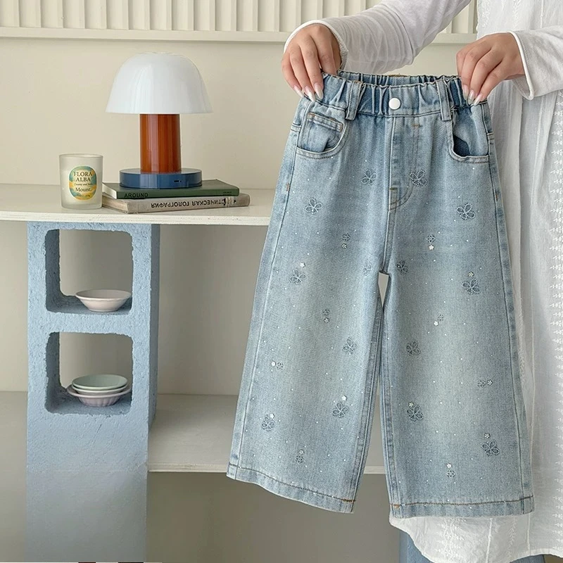 Starry Rhinestone 2026 Girls Fall Loose Jeans Stylish Drape Straight Pants Kids Washed Denim Casual Pants