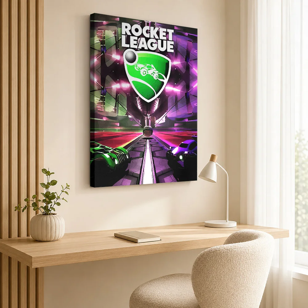 Rocket League Car In Glowing Arena Canvas Poster Personalized Photo Bright Neon Highlights Wall Art For Game Streaming Studio