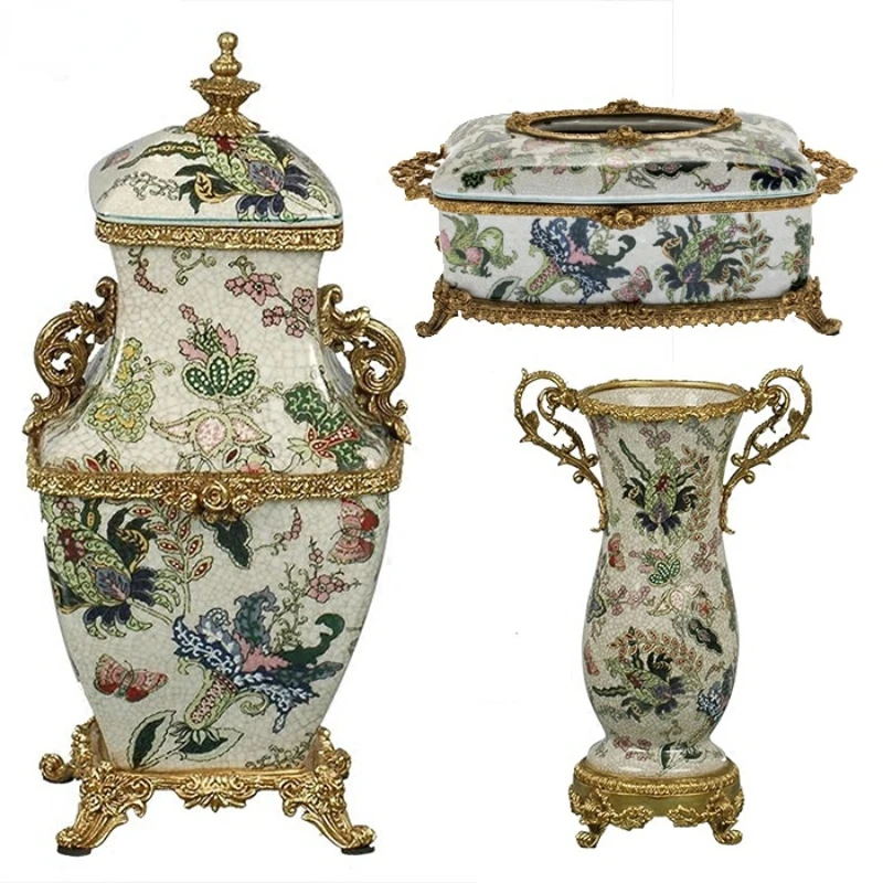 

American neoclassical style ceramic with copper painted flowers and plants pattern with cover decoration