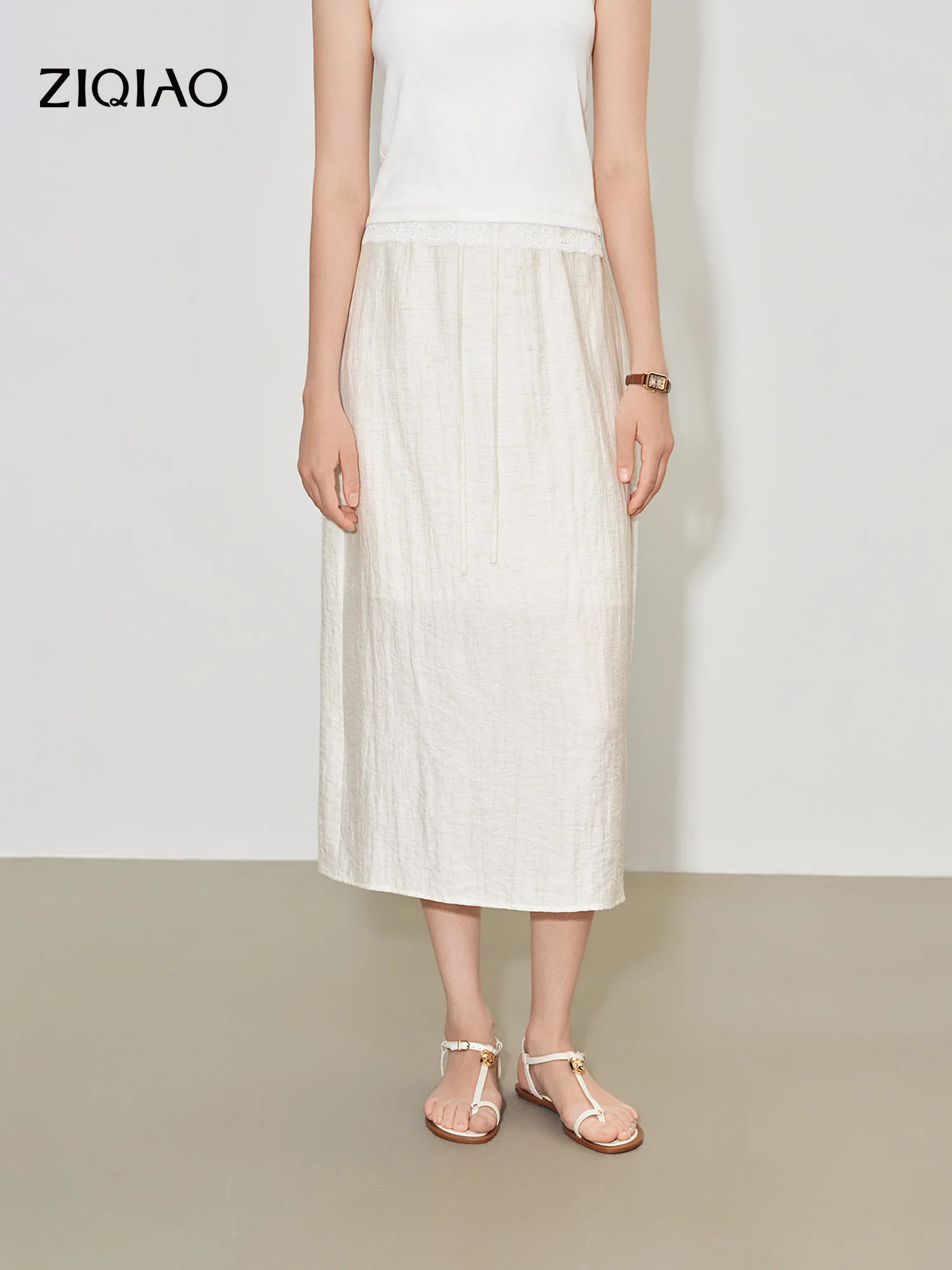 ZIQIAO 2026 Summer Women‘s White Straight Midi Skirt, Relaxed Fit Back-Slit Minimalist Skirt for Effortless Chic Style Skirts