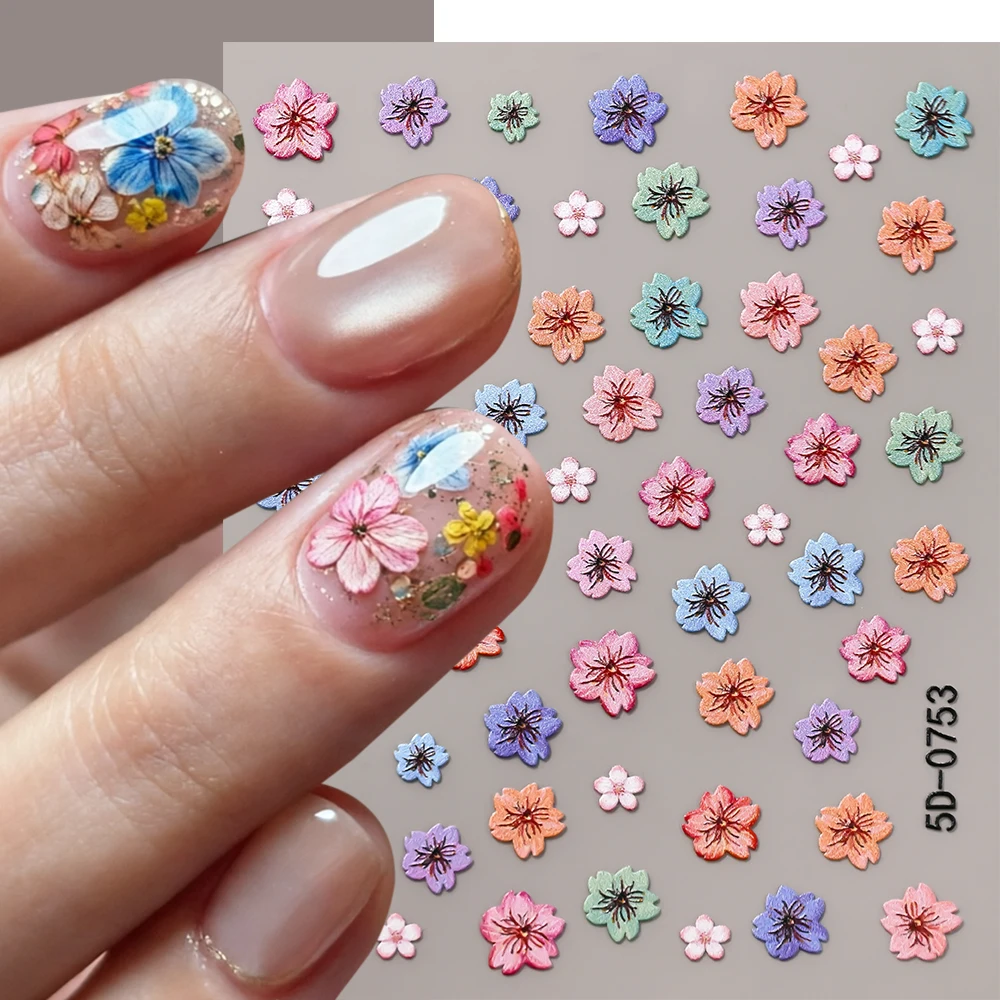 5D Embossed Spring Summer Cherry Flower Nail Stickers Multicolor Dried Cherry Nail Decals Self-Adhesive Floral Manicure Supplies
