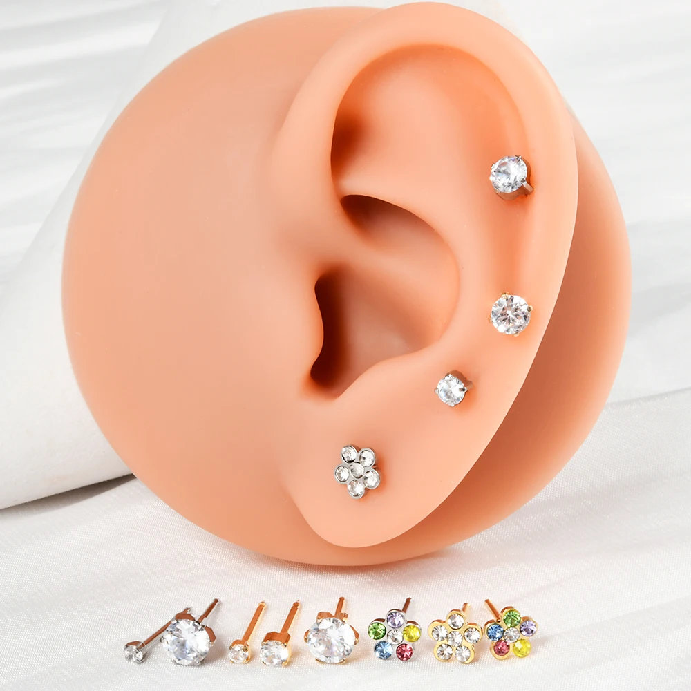 PAIR Surgical Steel Mixed Style Zircon Ear Piercing Studs Prong Cz Builted Earrings studs Heart Daisy Earring Piercing Jewelry