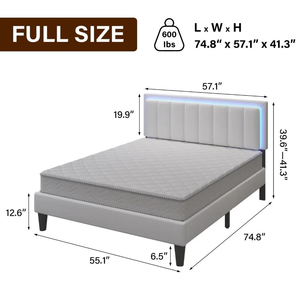 Groot LED-bedframe, modern gestoffeerd platformbedframe met LED-lichthoofdeinde, mooie bedden