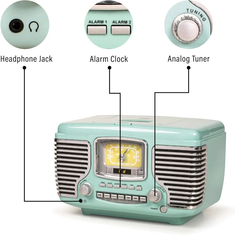 مشغل أقراص مضغوطة Aqua Blue Crosley Corsair مع راديو AM/FM وساعة منبه مزدوجة وراديو بلوتوث على سطح الطاولة