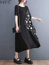 NYFS 2024 Summer New Korea Woman Dress Vestidos Robe Elbise Loose Plus Size Short Sleeve Wave Dot Patchwork Long Dress