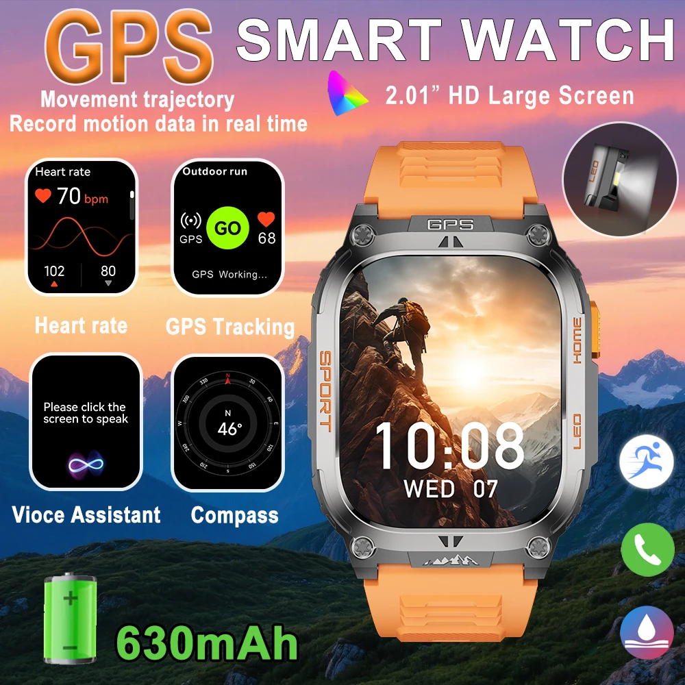 

2025 Новые Смарт-часы GPS Траектория движения Компас Сердечный ритм 630 мАч AI Голос BT Вызов Светодиодный фонарик IP68 Водонепроницаемые SmartWatch