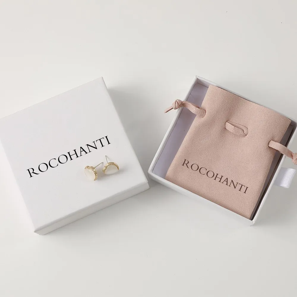 50x Custom Logo Eco-friendly Microfiber Jewelry Packaging Set Luxury White Paper Gift Box with Suede Pouch for Necklace Earring