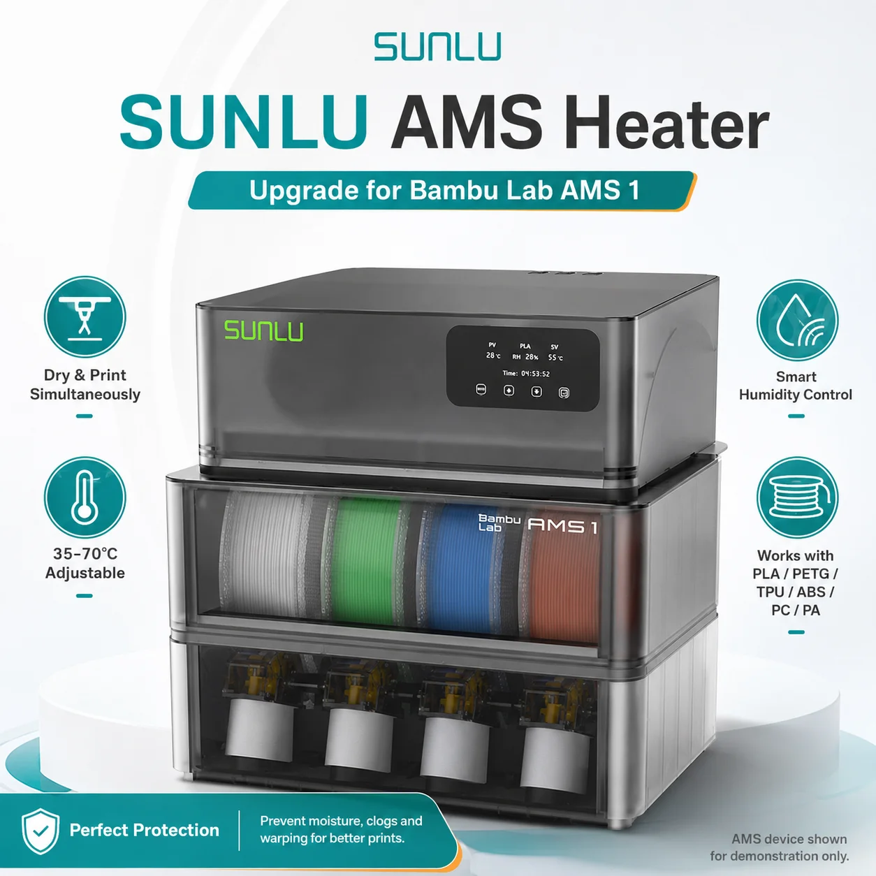 AMS Heater for Bambu Lab AMS 1st Gen, 35-70°C Filament Dryer, Smart Humidity Control, Dry While Printing