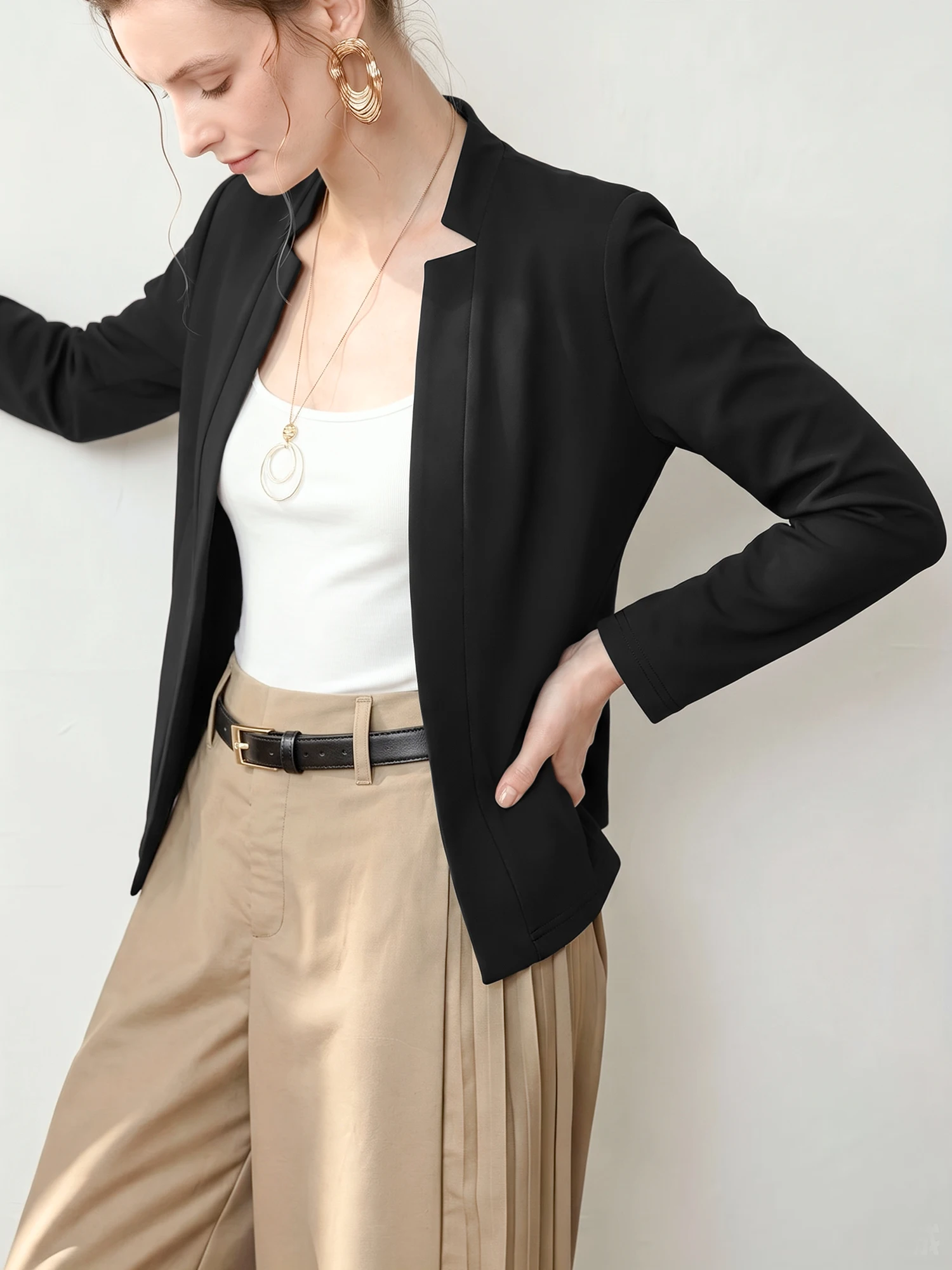 Female Office Blazer Jacket Long Sleeve Stand Collar Open Front Solid Slim Fit Daily Casual Outerwear For Shopping And Party