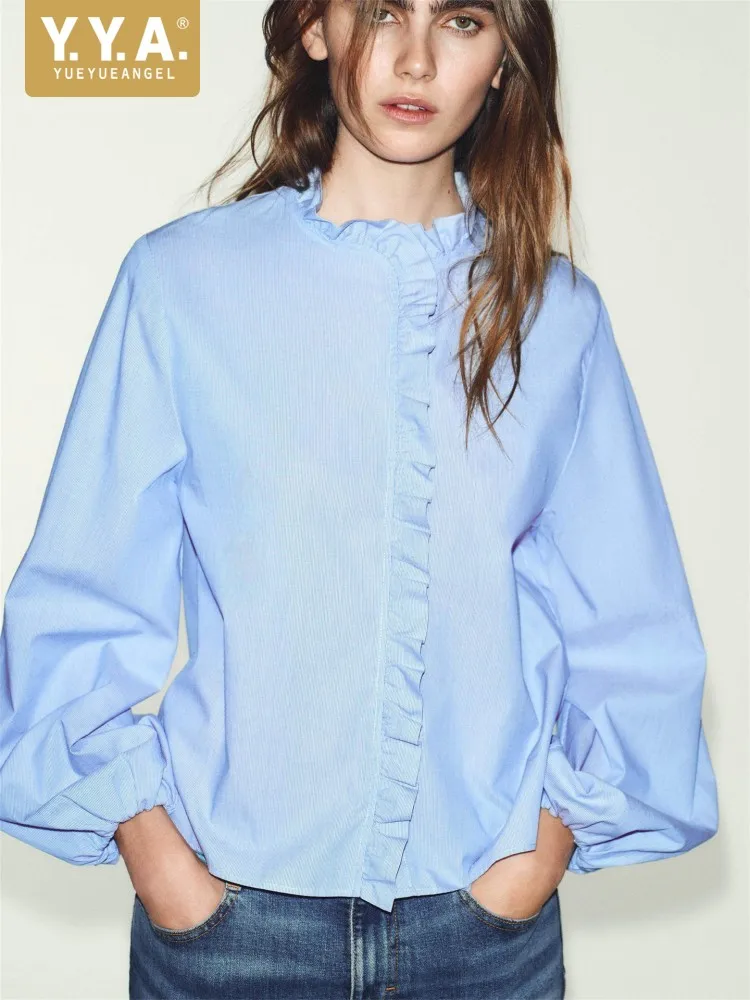

Summer Office Ladies Ruffles Loose Shirt Straight O Neck Lantern Sleeve Shirts New Womens Long Sleeved Casual Solid Color Tops