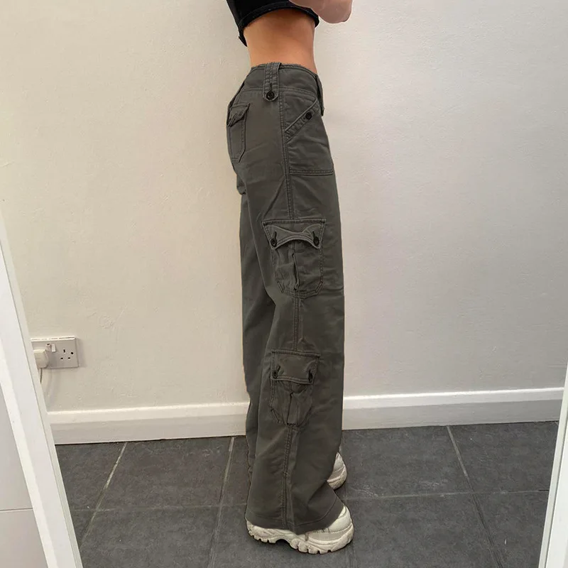 FANAN American Style Vintage Multi-Pocket Cargo Pants Female Streetwear Low-Waisted Straight Pants Y2K Grunge Joggers Trousers