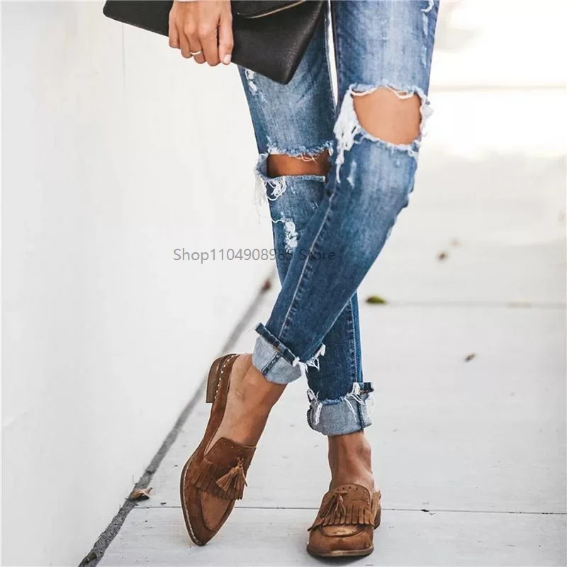Vintage Women Fringe Tassel Flat Pointed Toe Casual Style Daily Walking Black Footwear Party Stage Performance Cosplay Shoes
