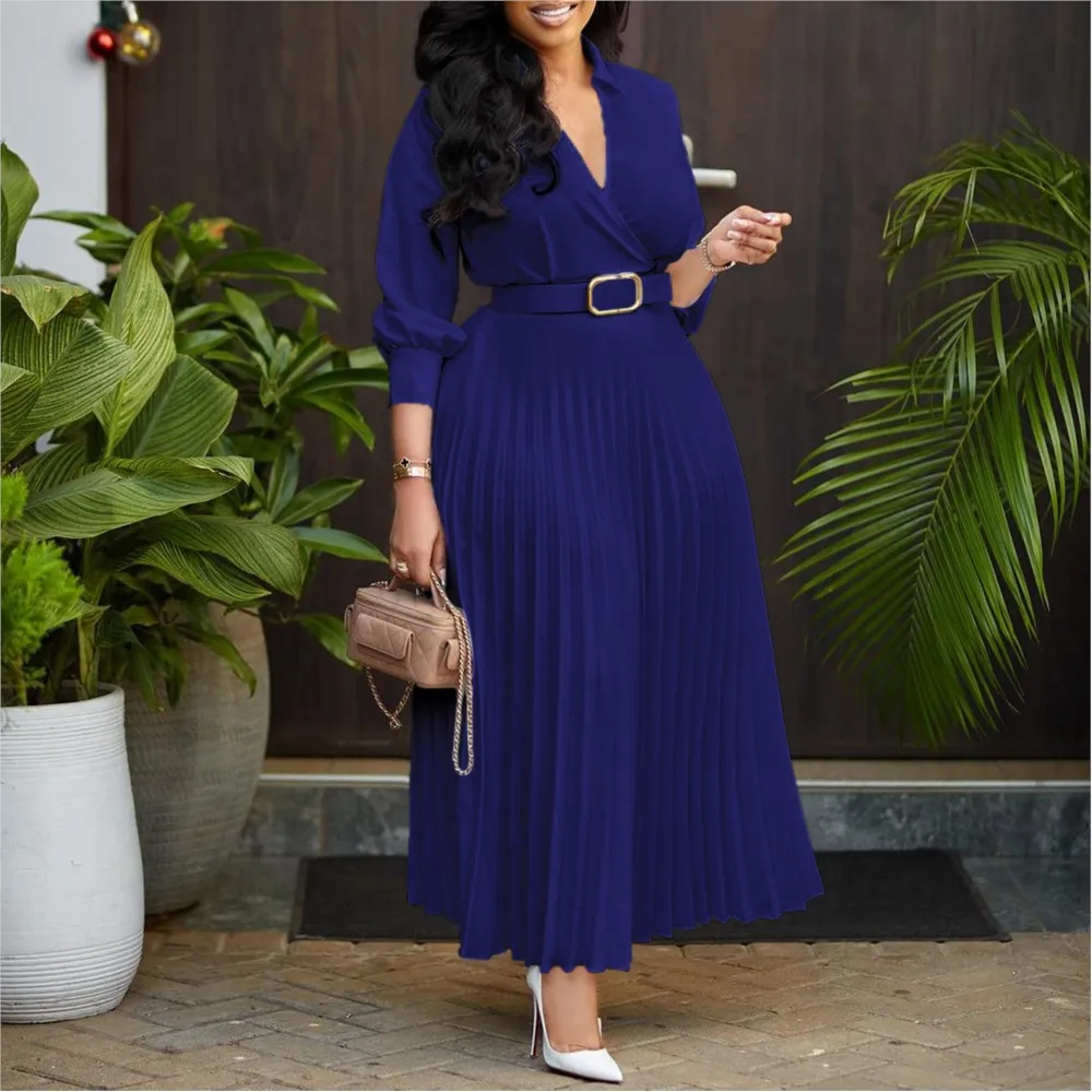 Women's V-neck Long Sleeved Elegant Big Swing Dress 2024 Autumn New Fashion Solid Color Pleated Dress With Belt Vestidos Mujer