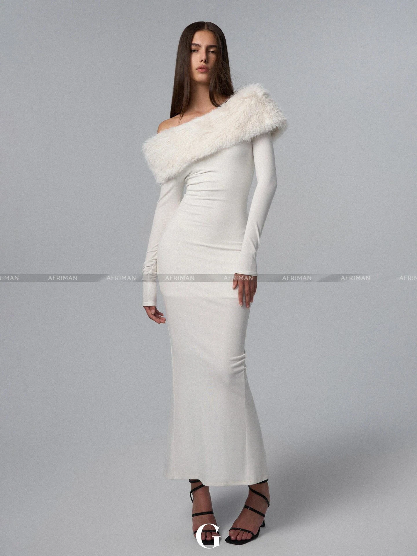 Women Slash Detachable Fur Collar Long Sleeve Sexy Slim White Long Knit Dress