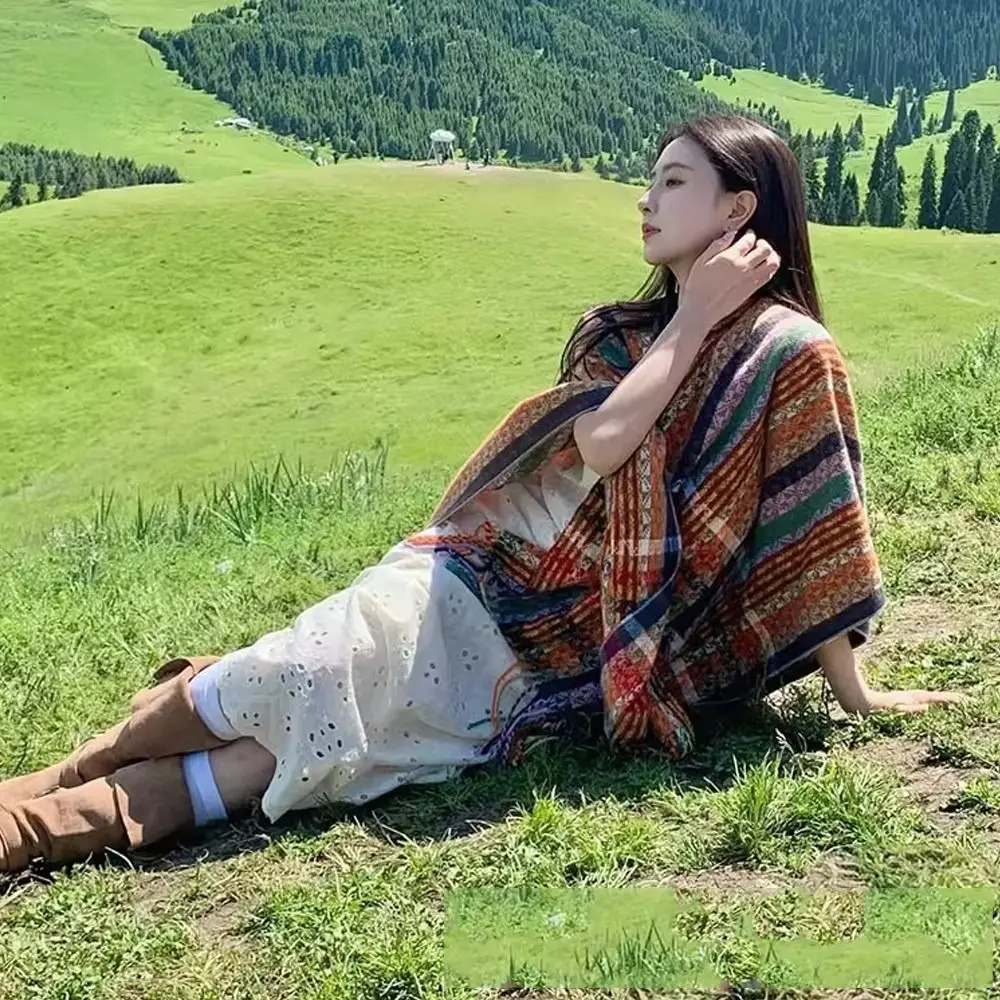 Elegant Bohemian Mongolian Poncho Ethnic Style Keep Warm Stripe Tassel Shawl Gradient Color Knitting Wrap Cloak for Women