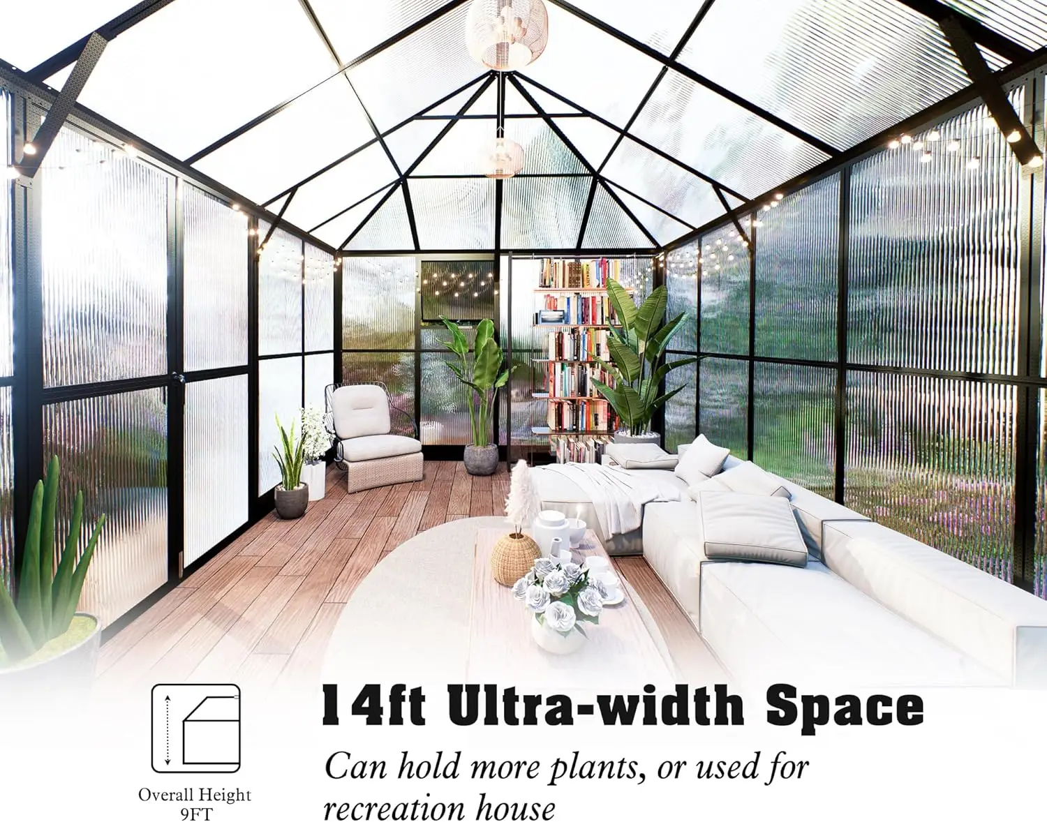 HOWE 14x9.5x9 FT Polycarbonate Greenhouse with 2 Vents and Double Swing Doors 6FT Added Wall Height, Walk-in Large Winter