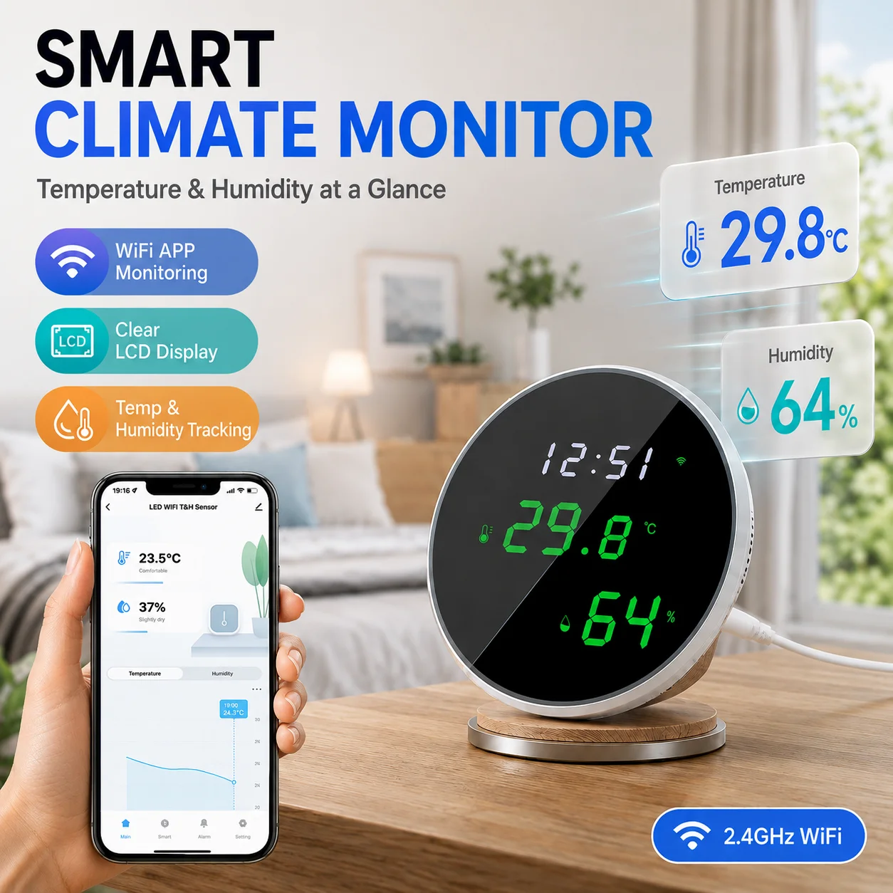 Tuya WiFi Digital Thermo-Hygrometer Smart Indoor Temperature and Humidity Sensor With LED Display Backlight Support Google Home