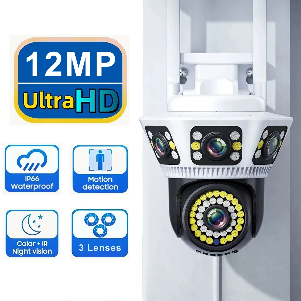 Yoosee 6K 12MP 3 LENS 3 Screens WiFi PTZ Camera Two Way Audio Color Night Vision Motion Detection IP CCTV Security Camera System