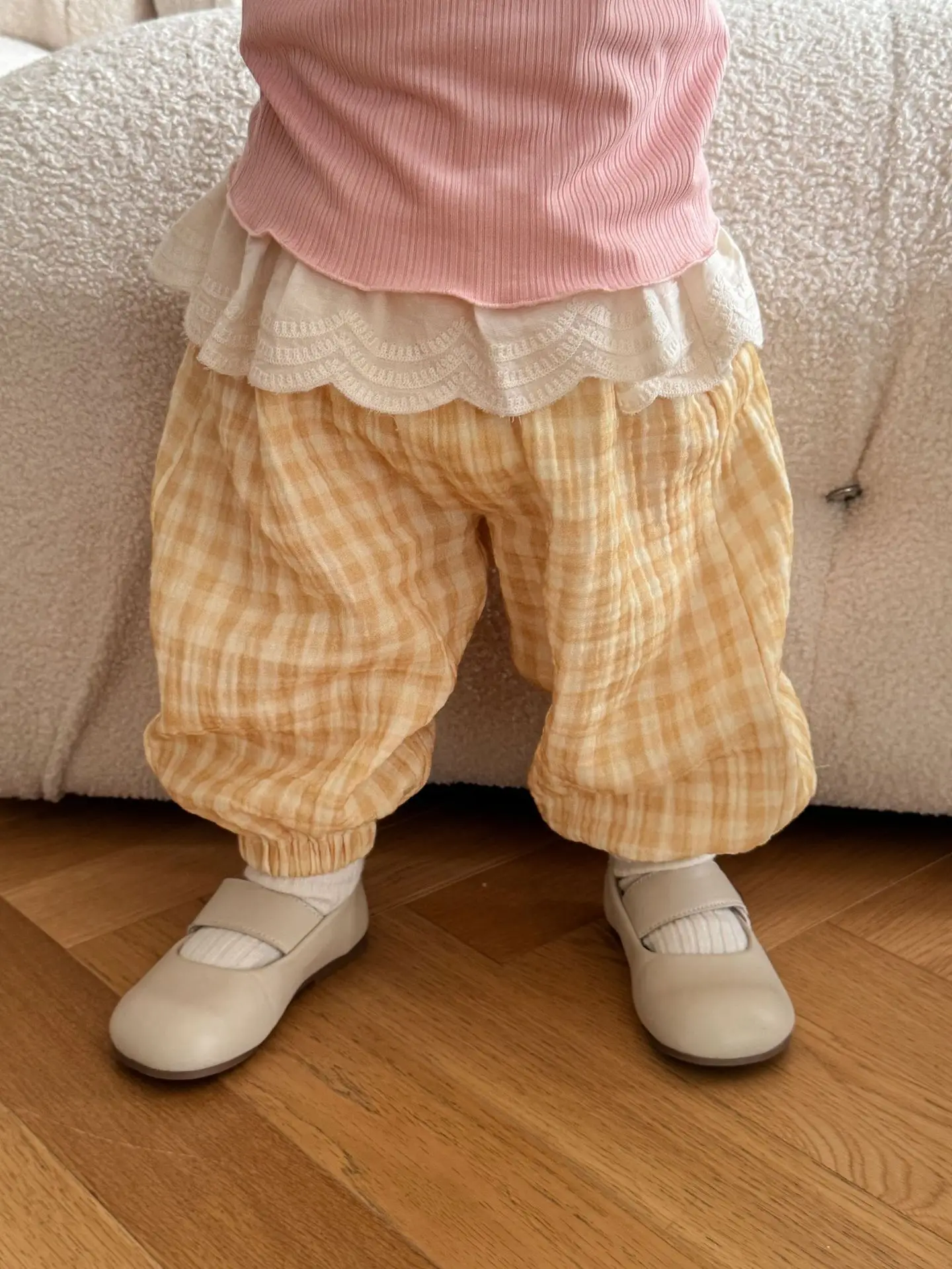 

2025 Autumn New Loose Korean Style Kids Girls Pants Cotton Lace Plaid Baby Girls Trousers Wide Leg Casual Girls Autumn Pants