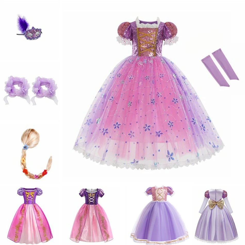 Europe and The United States Rapunzel Dress Gold Big Bow Pommel Dress Lace Dress Purple  Children's Day Halloween Show Dress