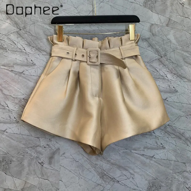 

High End Temperament Celebrity Shorts Commuter Style High Waist Wide Leg Pants Belt Slim Solid Color Versatile Shorts Women