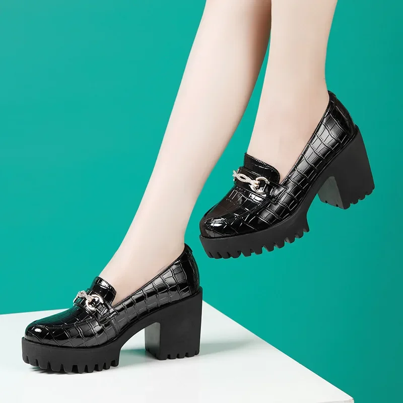 Black patent leather rhinestone 8cm high heels Women autumn Waterproof Platform Thick Sole Model Cheongsam Show Leather Shoes